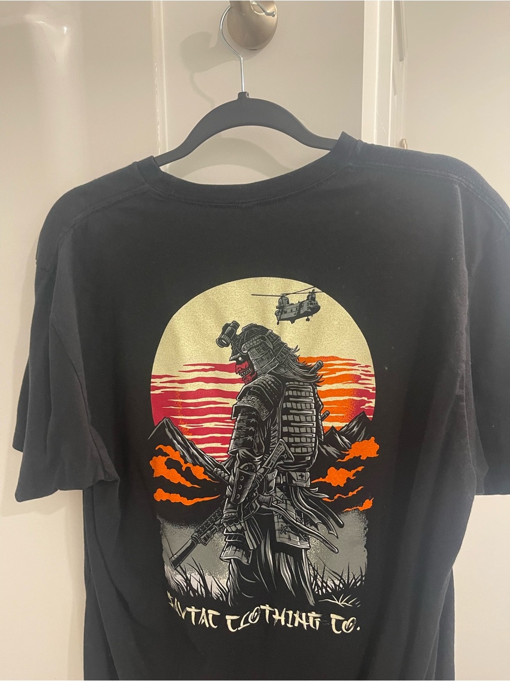 Men's Black Samurai Graphic Tee with Sunset Accent
